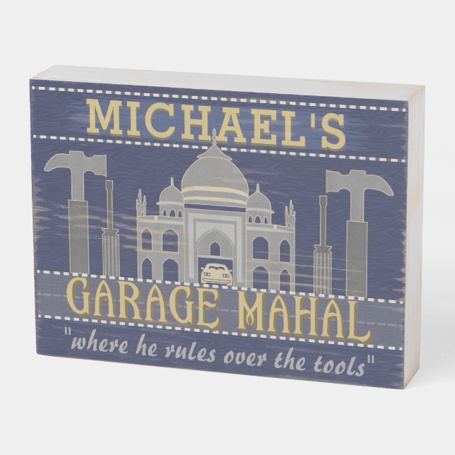 Man Cave Funny Garage Mahal Tools | Custom Name Wooden Box Sign (Angled Horizontal)