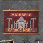 Man Cave Funny Garage Mahal Tools Red | Custom Hanging Tapestry<br><div class="desc">This funny, personalized hanging tapestry is perfect for decorating your man cave. It says, "[Your Name] Garage Mahal" and shows an outline of the Taj Mahal with hammers, screwdrivers and a little car that looks like it's parked in the middle. Easily add your name to the top. The colors are...</div>