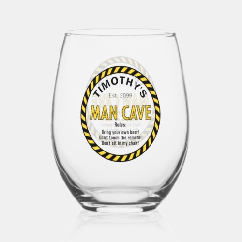 Man Cave LED Sign Caution Tape Cocktail Stemless Wine Glass