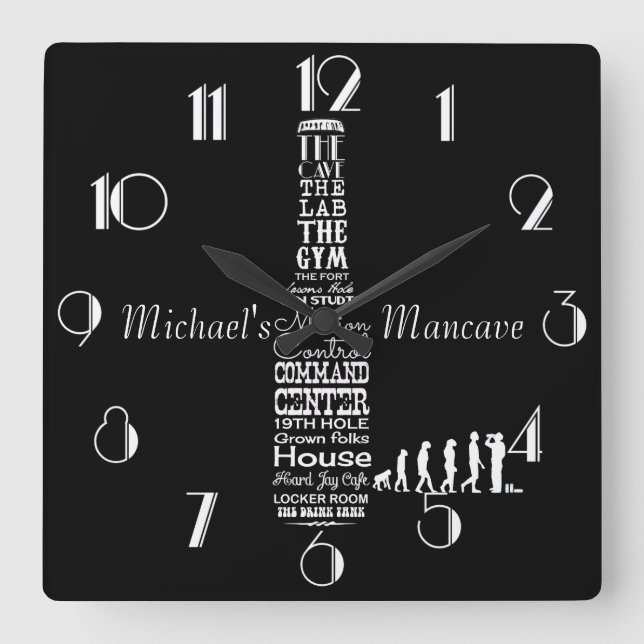 Man-cave Personalized Black and White Square Wall Clock (Front)