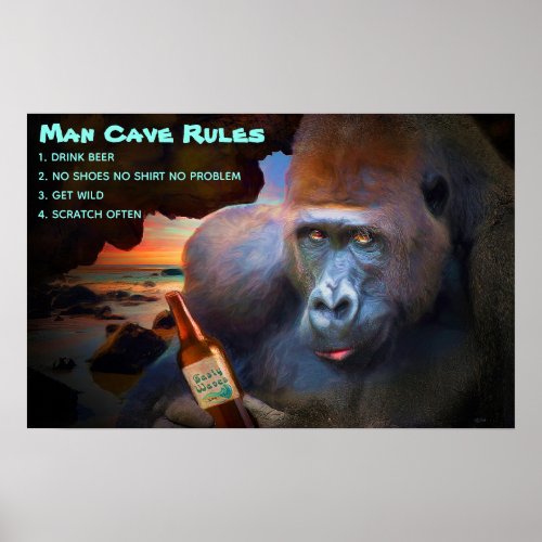 Man Cave Rules  Funny Animal Gorilla Poster