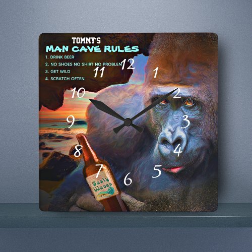 Man Cave Rules Funny Ape  Beer Beach or Bar  Square Wall Clock