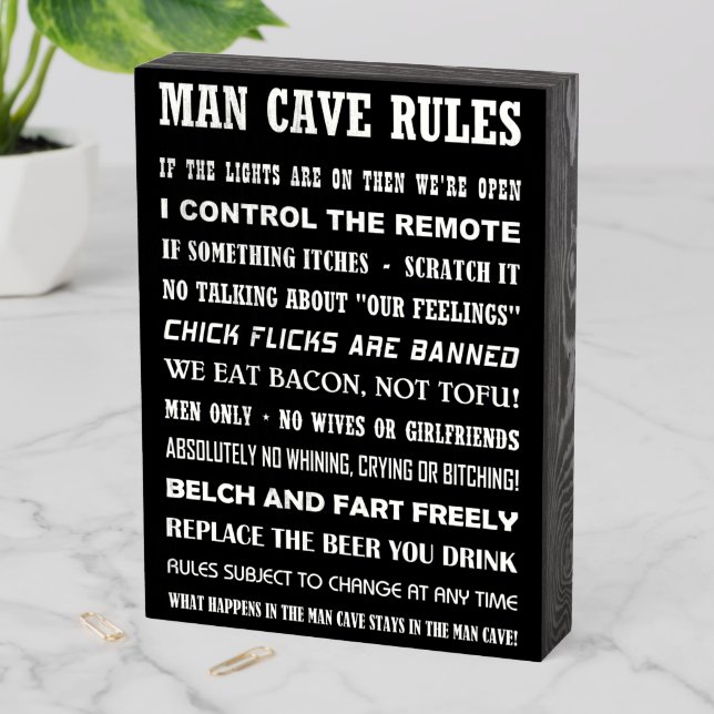 MAN CAVE RULES WOODEN BOX SIGN (In Situ Vertical)