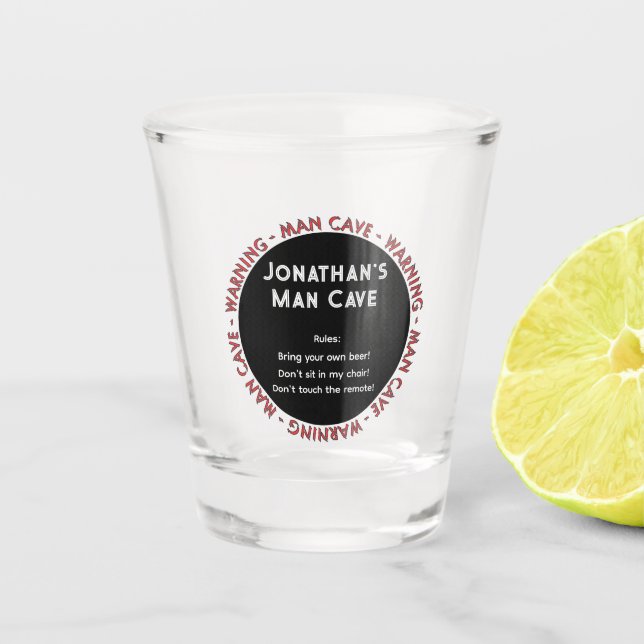 Man Cave Shot Glass with Warning & Rules (Front)
