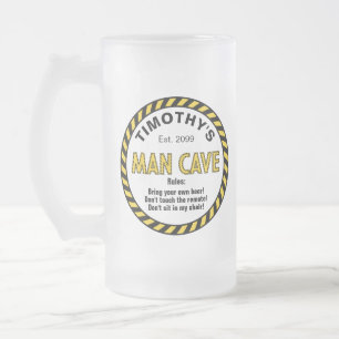 Man Cave Sign Caution Tape Frosted Glass Beer Mug