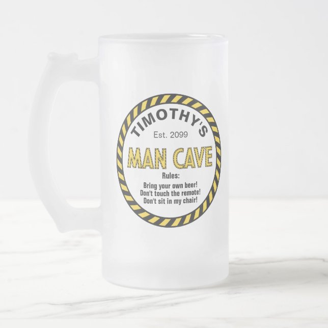 Man Cave Sign Caution Tape Frosted Glass Beer Mug (Left)