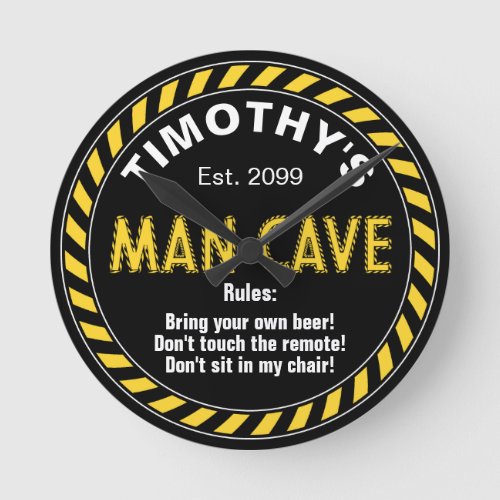  Man Cave Sign with Caution Tape Effect  Rules  Round Clock