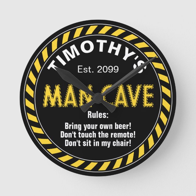  Man Cave Sign with Caution Tape Effect & Rules  Round Clock (Front)