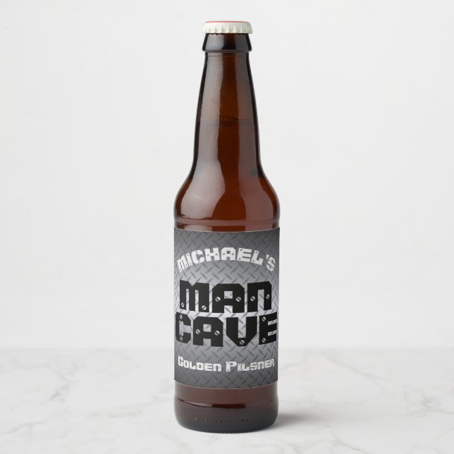 Man Cave Steel Diamondplate Beer Bottle Label (Front)