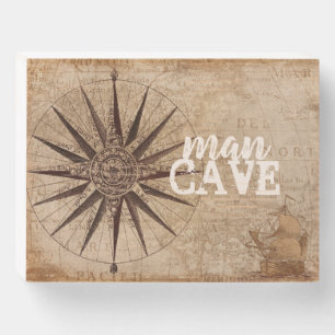 man cave vintage style antique map with text wooden box sign