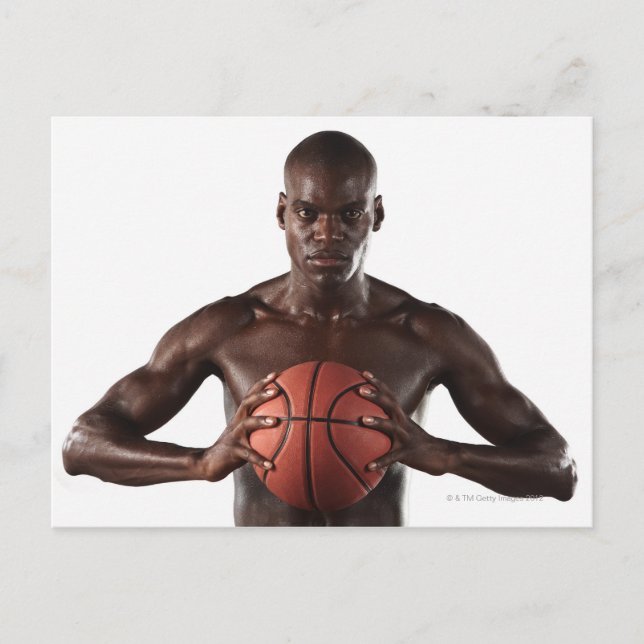 Man clutching basketball postcard (Front)