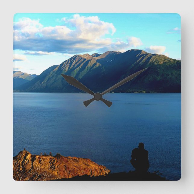 Man Crouches Contemplating Sunset Light in Alaska Square Wall Clock (Front)