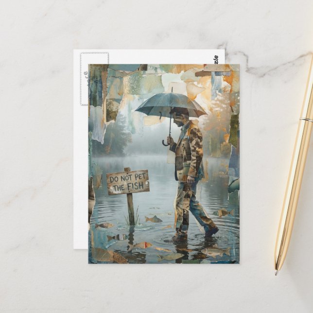 Man Do Not Pet the Fish Surreal Collage Postcard (Front/Back In Situ)
