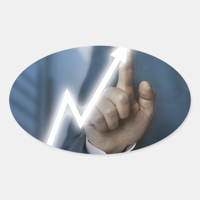 Man draws stock price touchscreen concept oval sticker (Front)