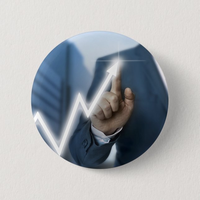 Man draws stock price touchscreen concept pinback button (Front)