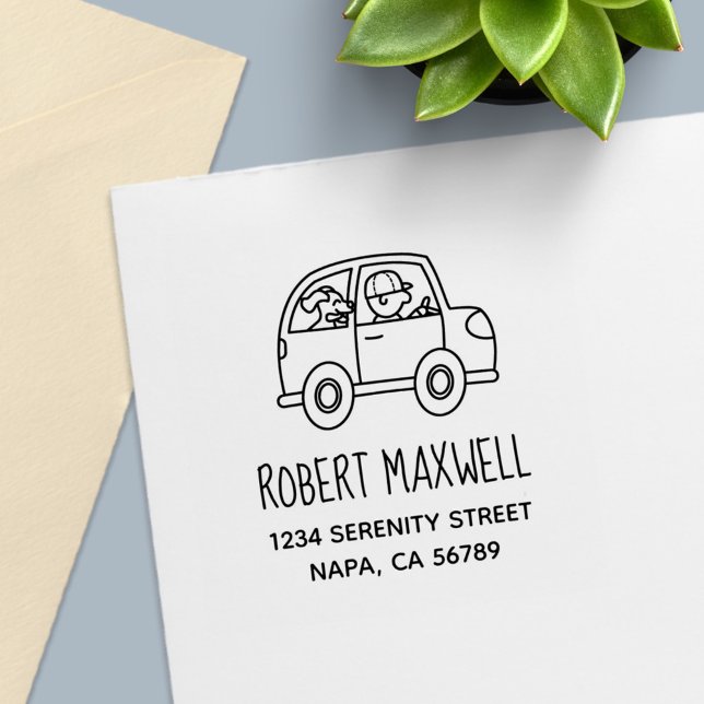 Man Driving a Car with a Dog Address Self-inking Stamp (Creator Uploaded)