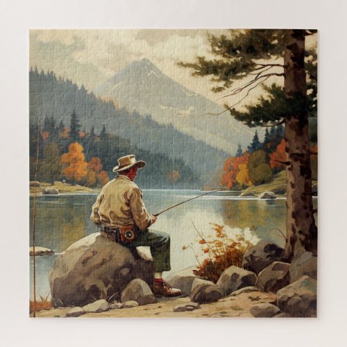 Man Fishing By The lake Jigsaw Puzzle