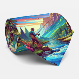 Man Fishing In A Mountain Stream Neck Tie