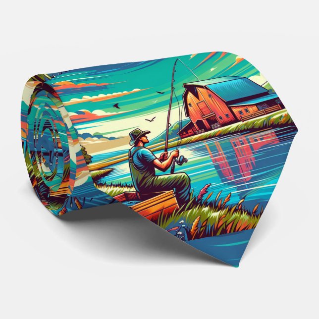 Man Fishing In a Pond By A Barn Neck Tie (Rolled)