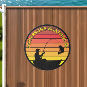 Man Fishing Retro Sunset Boathouse Template Outdoor Rug