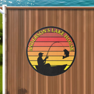 Man Fishing Retro Sunset lake house Template Outdoor Rug