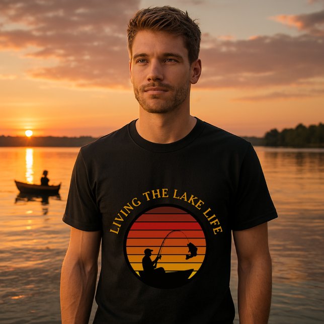 Man Fishing Retro Sunset Lake Life Template T-Shirt (Creator Uploaded)