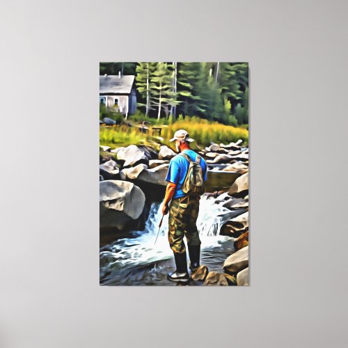  Man Fishing Stream Nature  AP49 Cabin Canvas Print