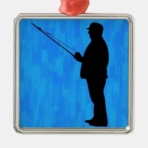 Man fishing with abstract blue background metal ornament