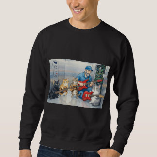Man fixing elevator and playing guitar with cats sweatshirt
