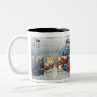 Man fixing elevator and playing guitar with cats Two-Tone coffee mug