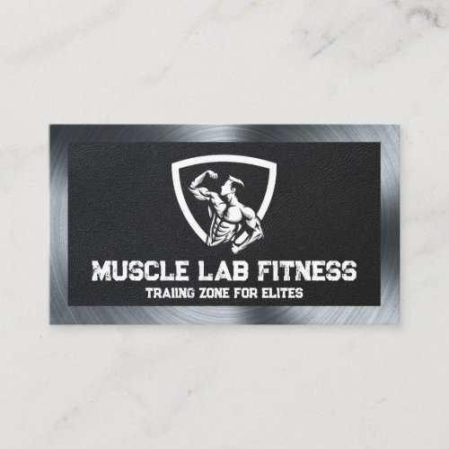 Man Flexing Fitness Logo  Leather  Metal Business Card