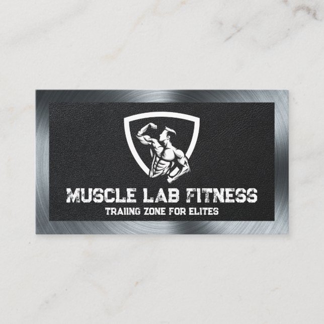 Man Flexing Fitness Logo | Leather | Metal Business Card (Front)