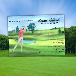 Man Golf Player Swinging Fifties 50th Birthday Invitation