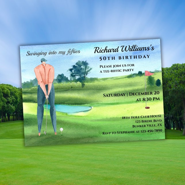 Man Golf Player Swinging Into My 50th Birthday Invitation (Creator Uploaded)