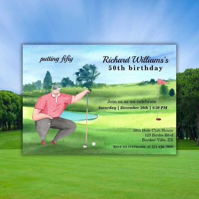 Man Golf Putting Fifty 50th Birthday Invitation (Creator Uploaded)