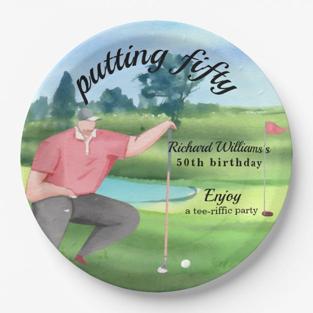 Man Golf Putting Fifty 50th Birthday Paper Plates (Front)