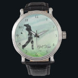 *~* Man Golfing Golf Course Rolling Hills Golfer Watch<br><div class="desc">* Man's Watch With a Black Leather Strap. * Golf - Man Golfer Golfing with a Green Rolling Hills Background . * The silhouette of the golfer is black and artsy. The golf course has been slightly digitally manipulated so not take away from the image of the golfer. There are...</div>