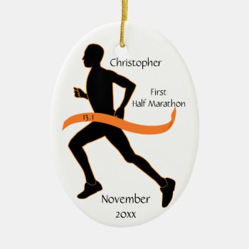 Man Half Marathon Runner Ornament In Orange by NightOwlsMenagerie at Zazzle