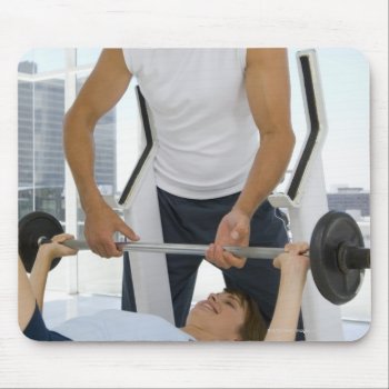 Man Helping Woman With Weightlifting Mouse Pad by prophoto at Zazzle
