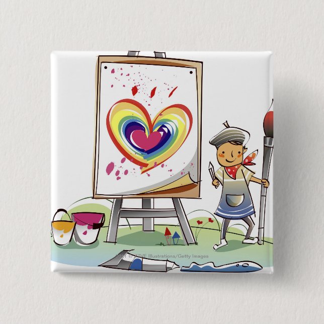 Man holding a paintbrush and standing by an easel button (Front)
