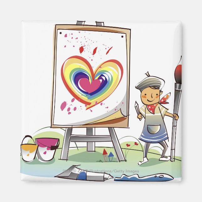 Man holding a paintbrush and standing by an easel magnet (Front)