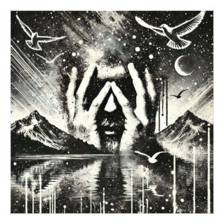 Man Holding His Head in His Palms, Black and White Photo Print