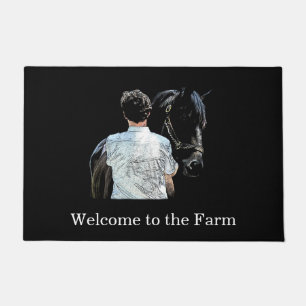 Man Holding Horse Dark Door Mat