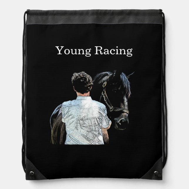 Man Holding Horse Dark Drawstring Backpack (Front)