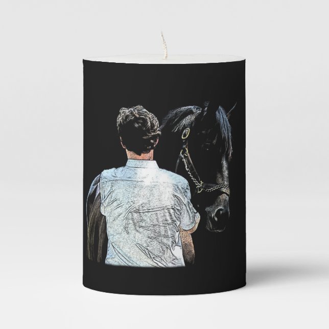 Man Holding Horse Dark Pillar Candle (Front)