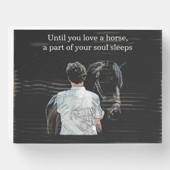 Man Holding Horse Dark Wood Box Sign (Front Horizontal)