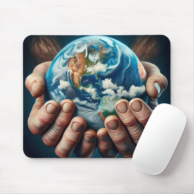Man Holding Planet Earth Mouse Pad (With Mouse)