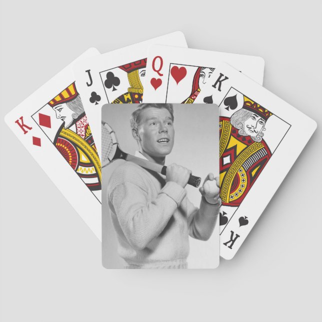 Man Holding Tennis Racket Poker Cards (Back)