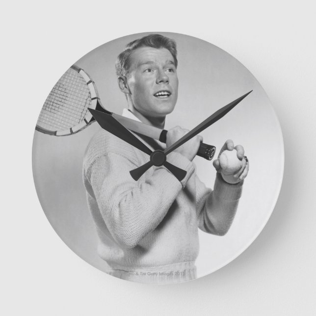 Man Holding Tennis Racket Round Clock (Front)