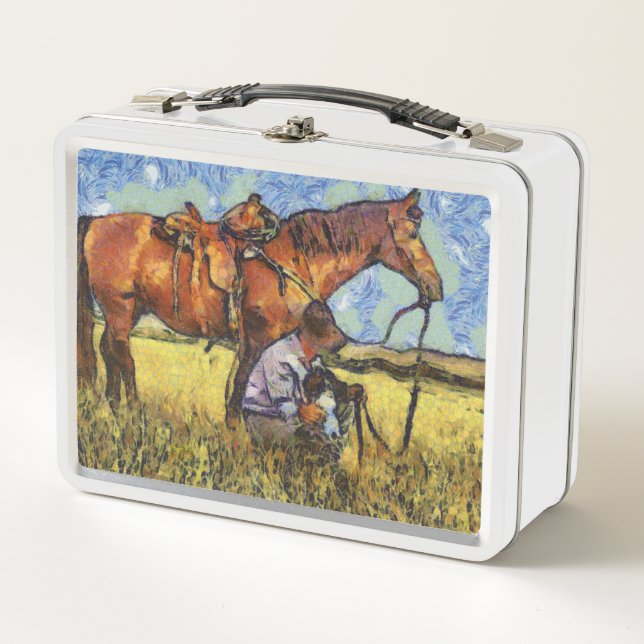 Man, horse and dog metal lunch box (Front)